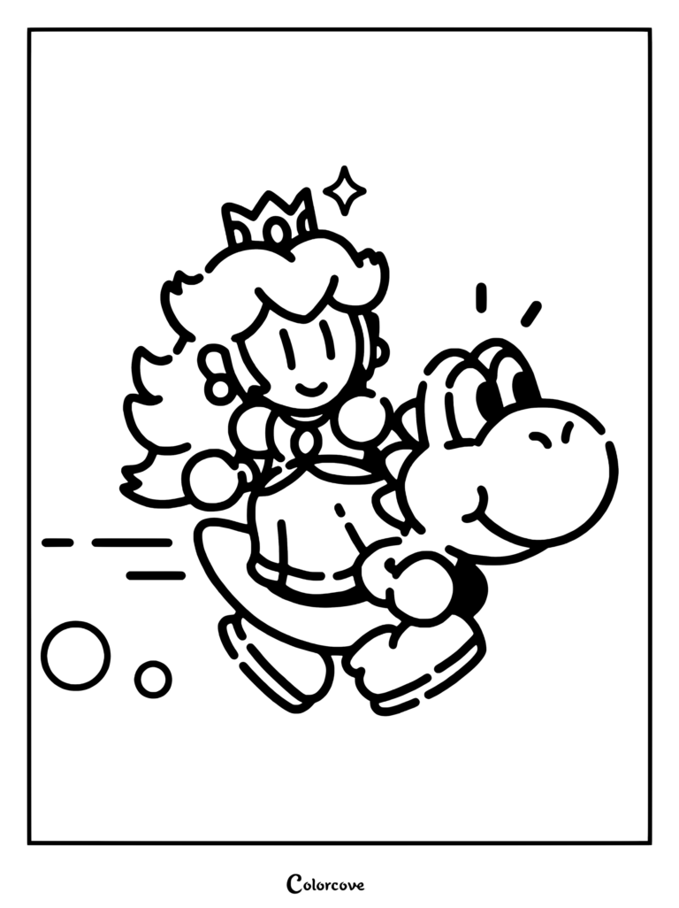 Página para colorear de estilo artístico minimalista de la Princesa Peach montando un Yoshi rosa, por el artista James Turner