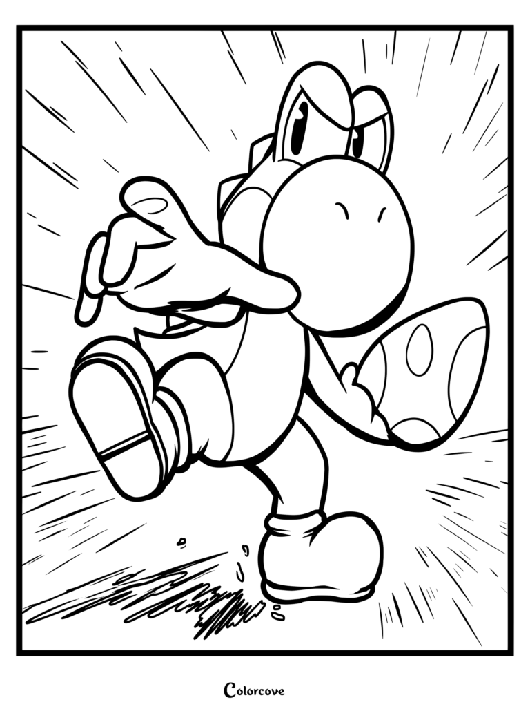 Página para colorear con arte de líneas dinámico de Yoshi corriendo rápidamente hacia adelante sosteniendo un huevo moteado.