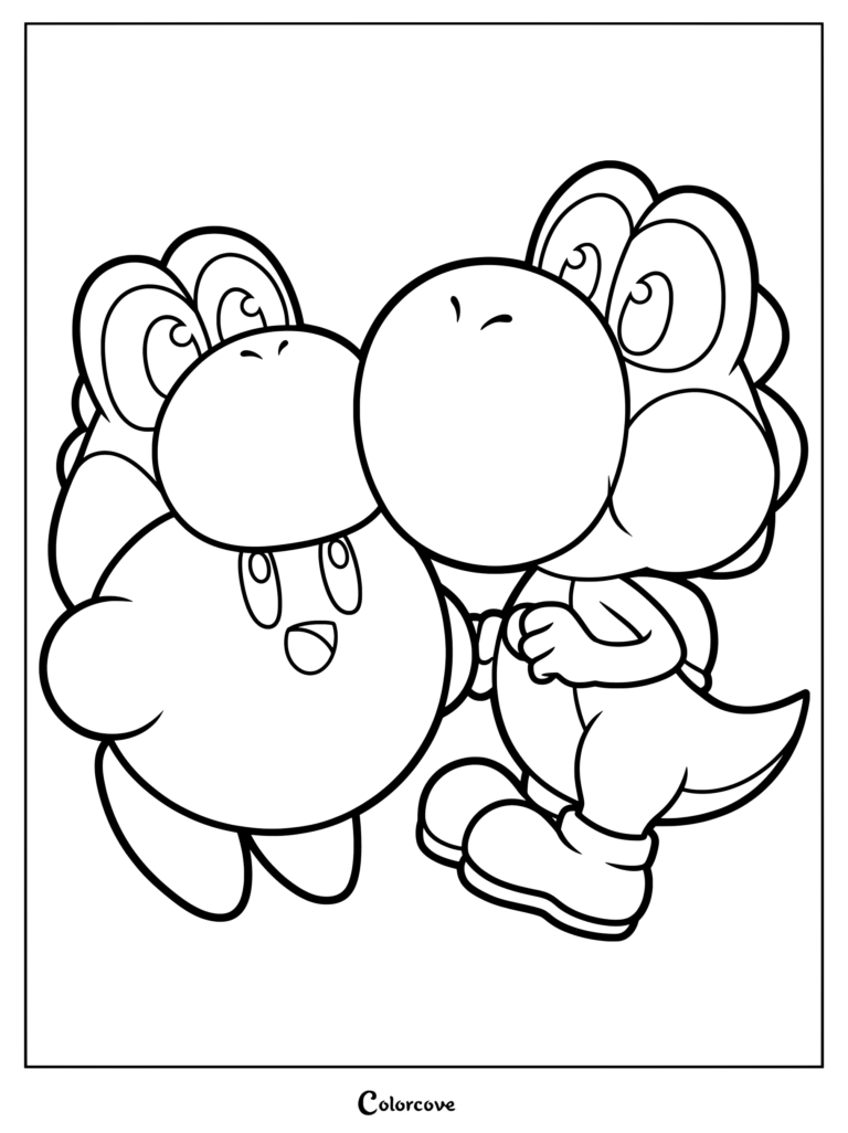 Página para colorear con arte de líneas de Yoshi y Kirby disfrazado de Yoshi
