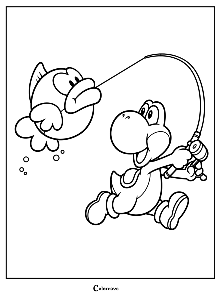 Dibujo para colorear de Yoshi sosteniendo una caña de pescar con un pez grande picando el anzuelo