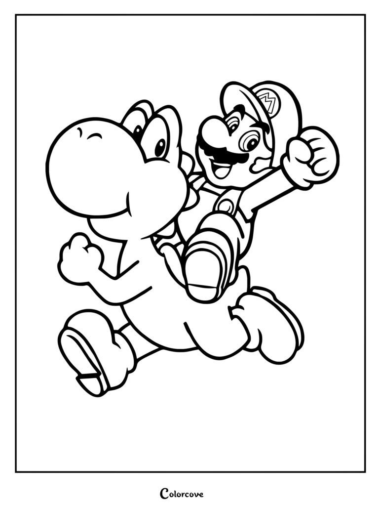Página para colorear imprimible y alegre de Mario montando a lomos de Yoshi