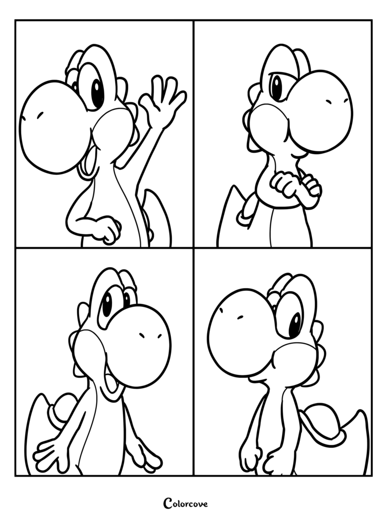 Dibujo para colorear de Yoshi en cuatro paneles que muestra diferentes expresiones faciales y poses