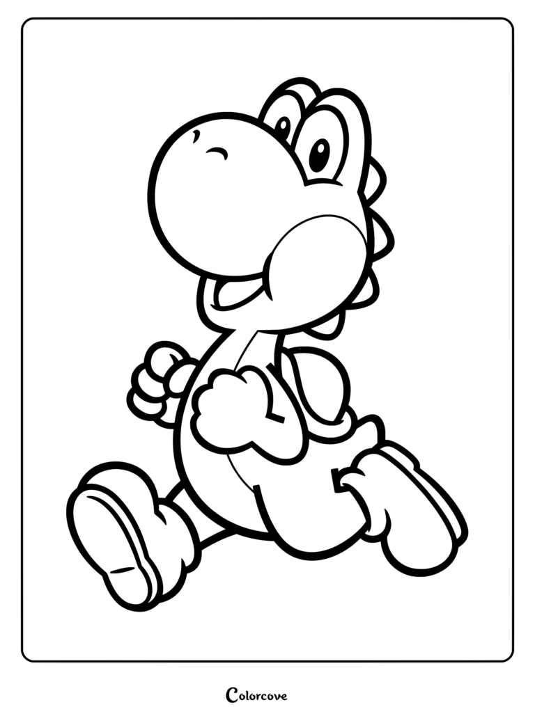 Dibujo imprimible para colorear de Yoshi corriendo con energía, con ojos grandes y caparazón.