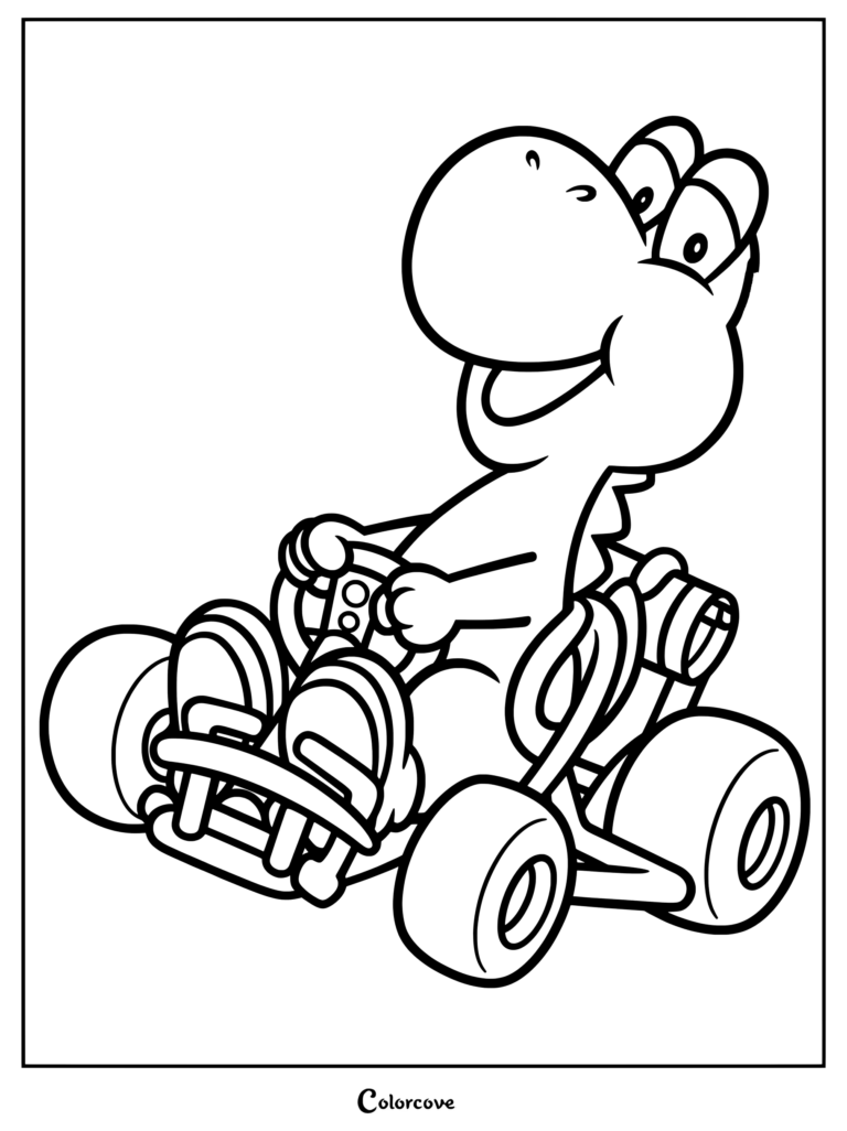 Página para colorear de Yoshi conduciendo un kart de carreras