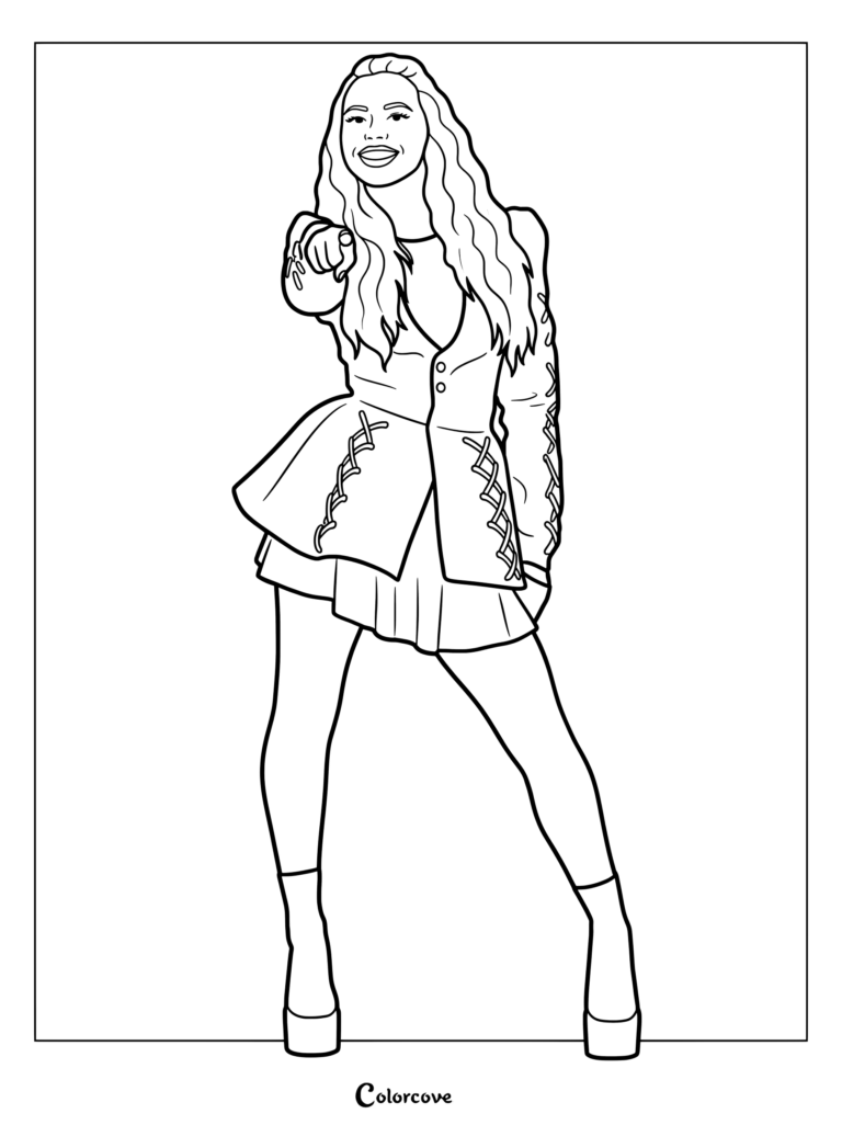 Addison señalando hacia adelante con una expresión alegre en el dibujo para colorear de Z-O-M-B-I-E-S