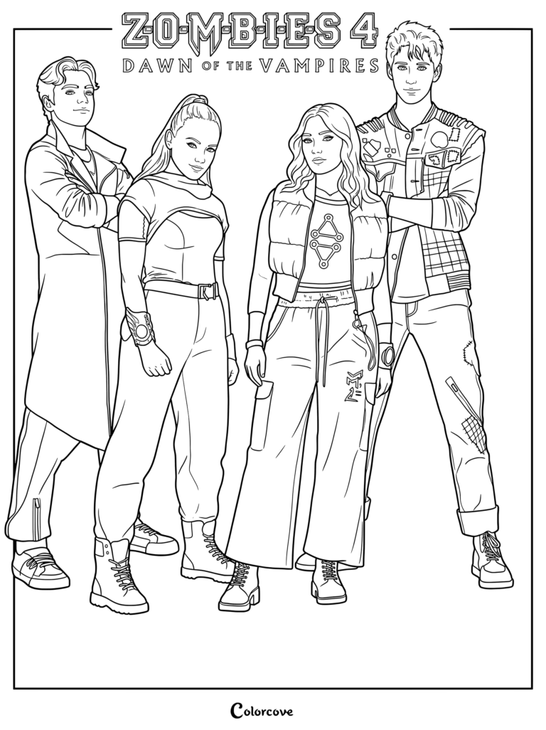 Dibujo para colorear de Zombies 4 Dawn of the Vampires con los personajes Vargas, Addison, Nova y Zed posando con sus distintivos atuendos sobrenaturales de la franquicia Z-O-M-B-I-E-S.