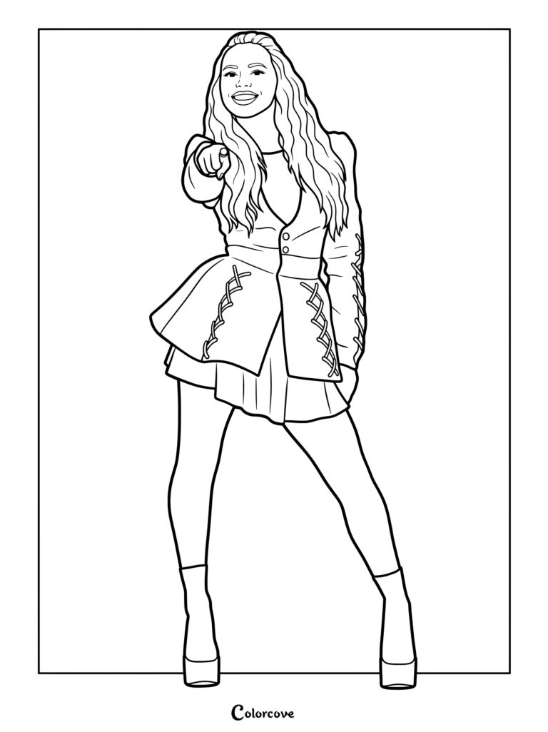Dibujo para imprimir gratuito de Freya Skye con su audaz chaqueta y falda texturizada roja con botas de plataforma de la gira Z-O-M-B-I-E-S Worlds Collide Tour, señalando hacia adelante con una expresión alegre.