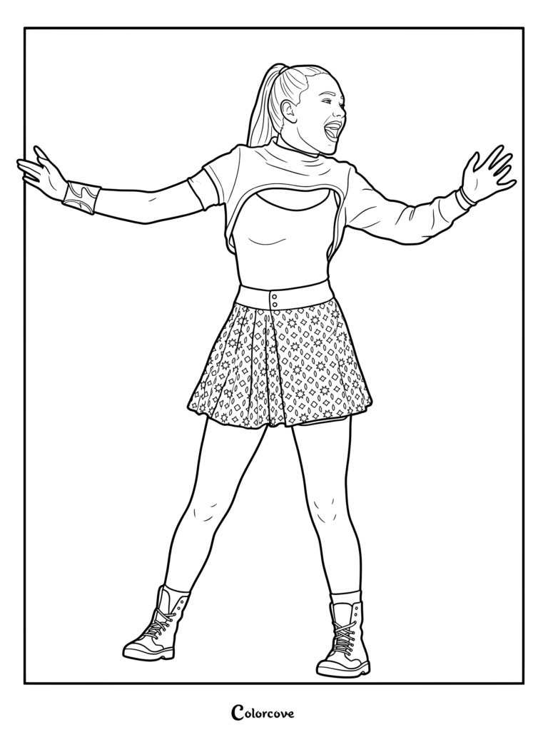 Dibujo para colorear gratuito de Nova Bright con minifalda estampada y chaqueta corta de la franquicia Z-O-M-B-I-E-S.