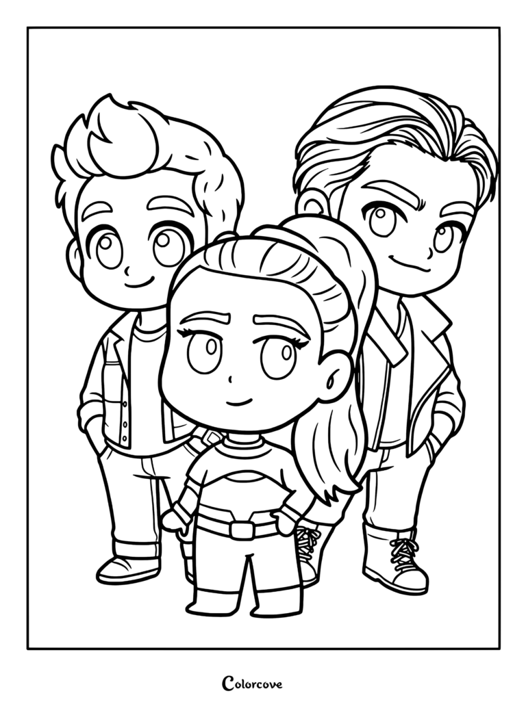 Dibujo para imprimir de Zed, Nova y Victor en estilo chibi de Z-O-M-B-I-E-S.