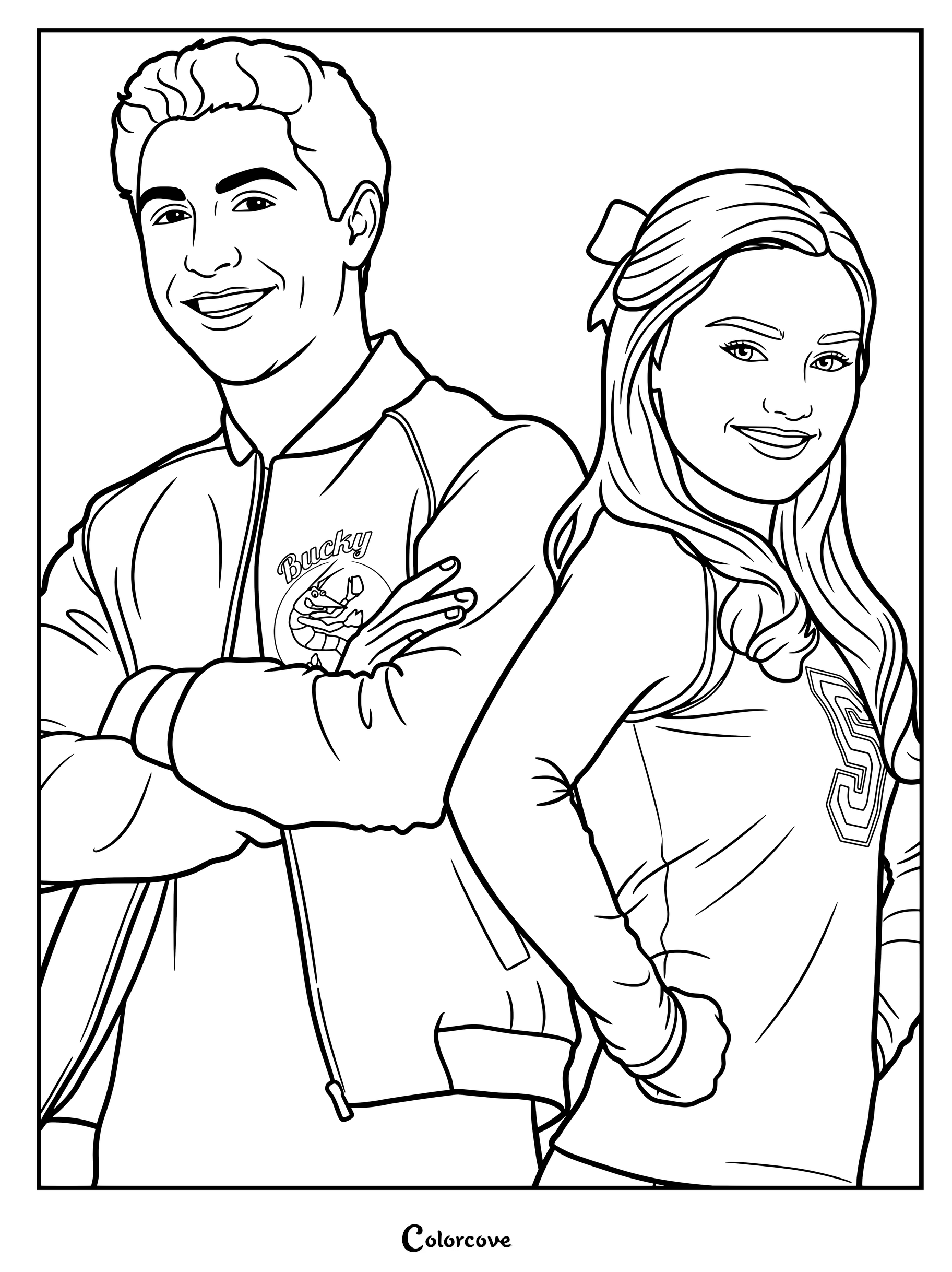 Dibujo para colorear de Addison y Bucky con los personajes de Z-O-M-B-I-E-S espalda con espalda