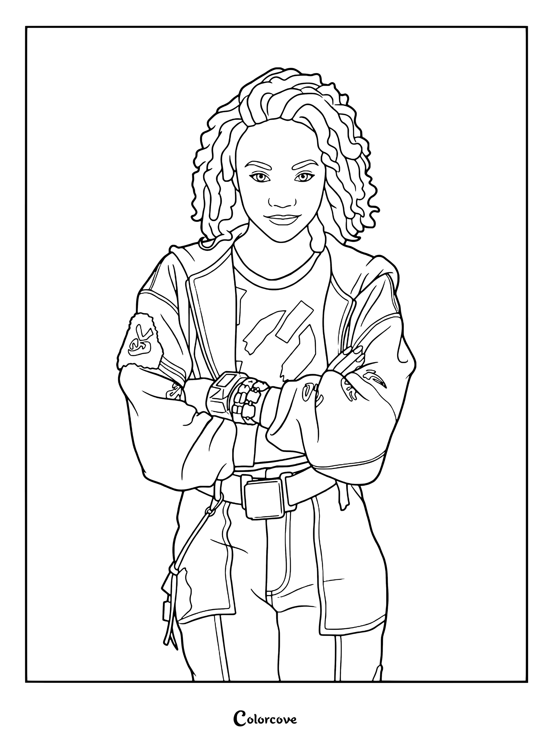 Dibujo para colorear de Eliza de Z-O-M-B-I-E-S con cabello rizado y los brazos cruzados