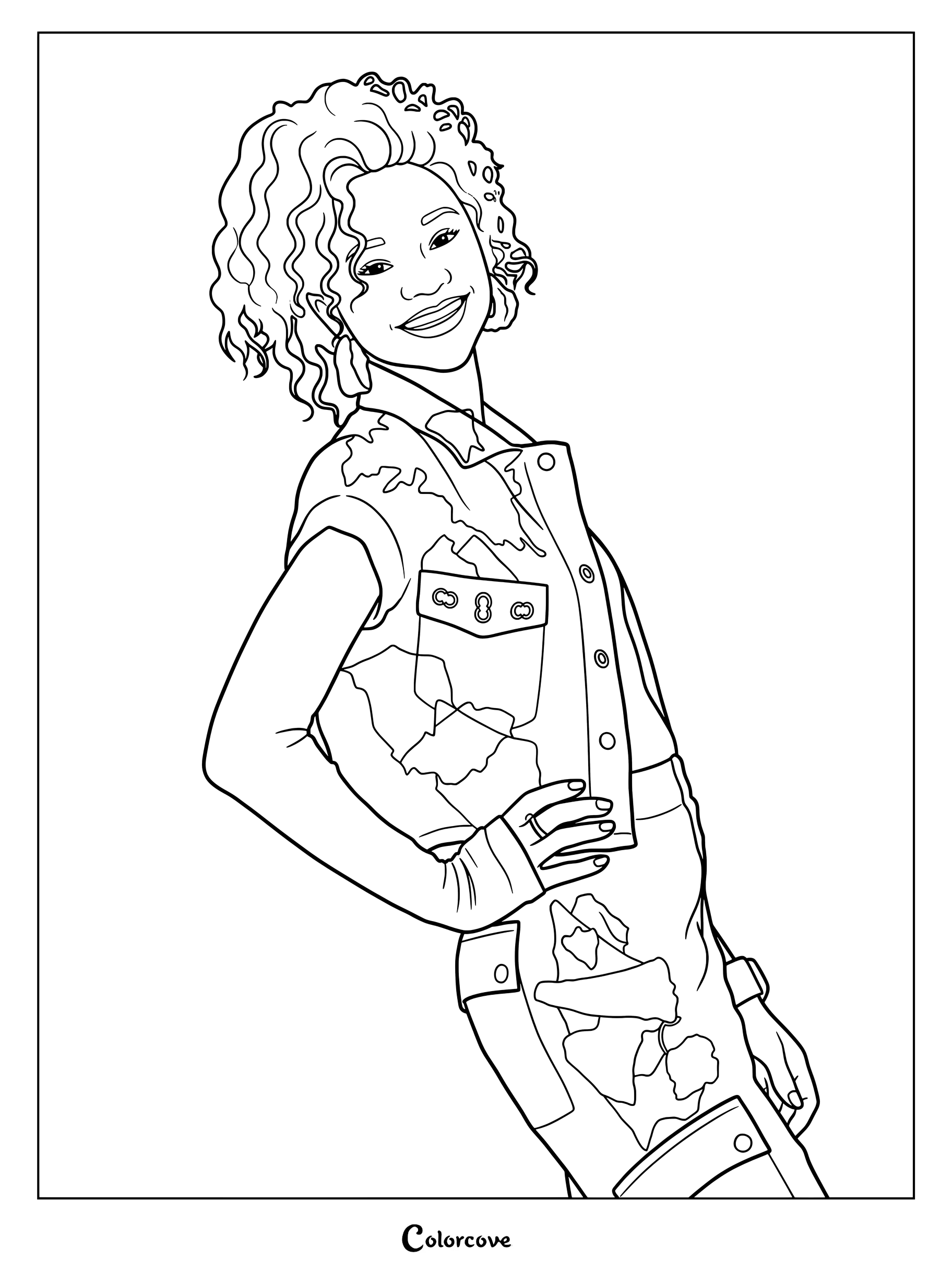 Dibujo para colorear de Eliza con cabello rizado y chaleco de mezclilla de Z-O-M-B-I-E-S