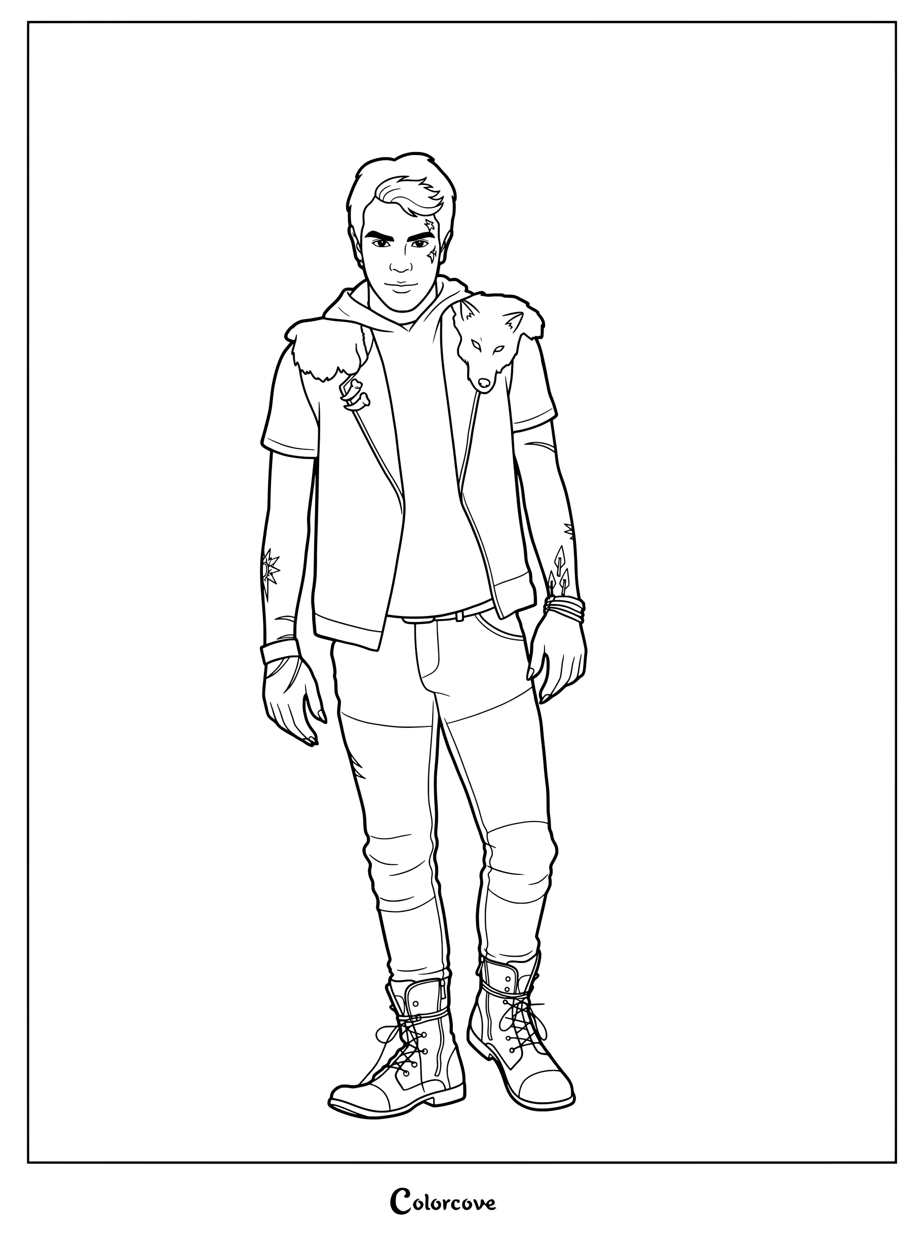 Wyatt con su característico chaleco con detalles de lobo en una página para colorear gratis e imprimible