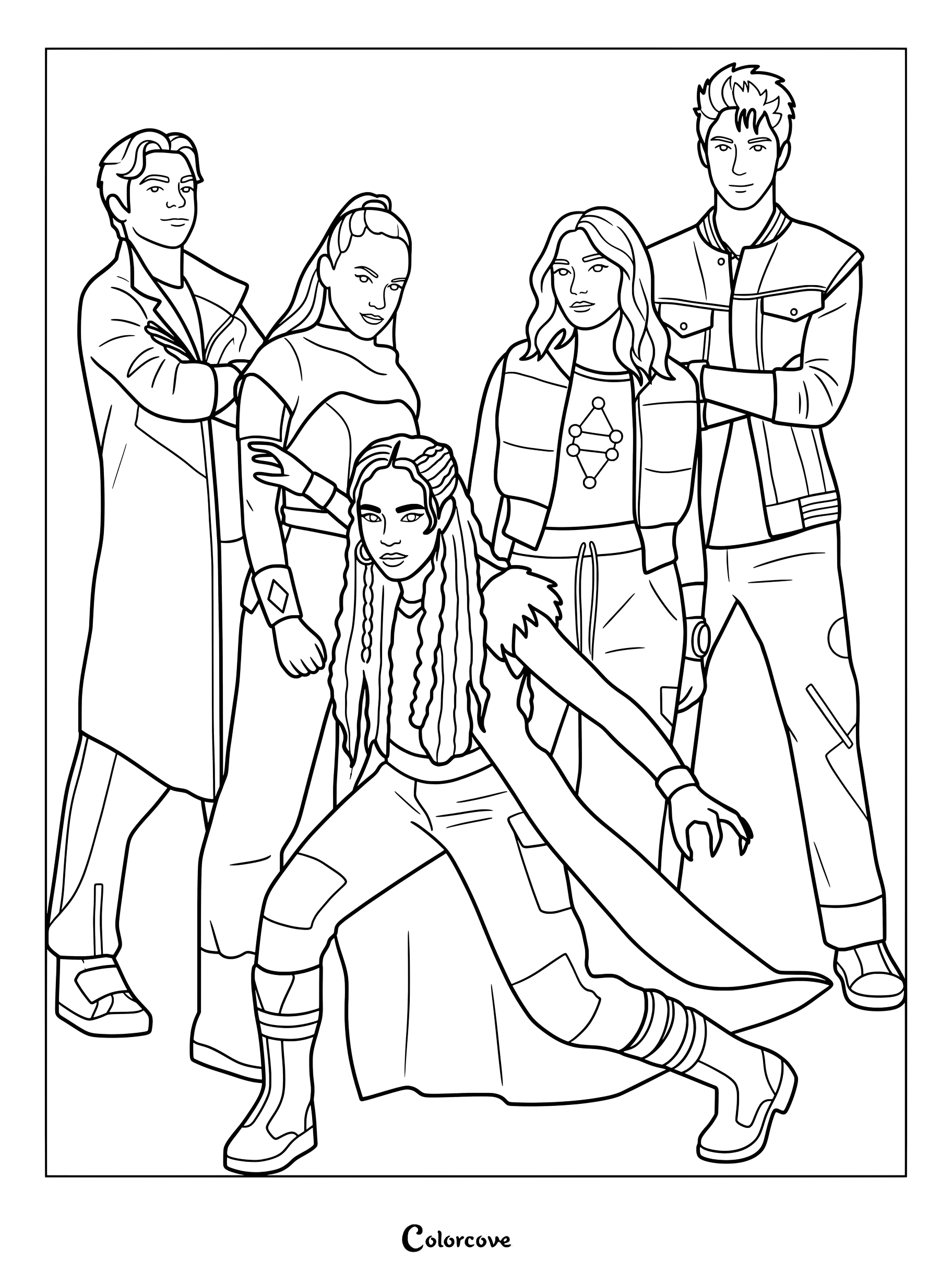 Dibujo para colorear de foto grupal promocional del reparto con personajes clave de la película de Disney Channel Z-O-M-B-I-E-S 4: Dawn of the Vampires