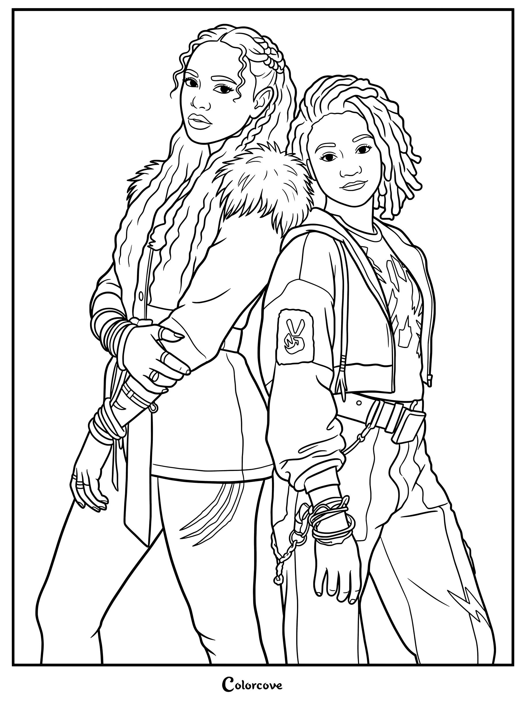 Willa y Eliza una al lado de la otra en un dibujo para colorear inspirado en Z-O-M-B-I-E-S 4: Dawn of the Vampires
