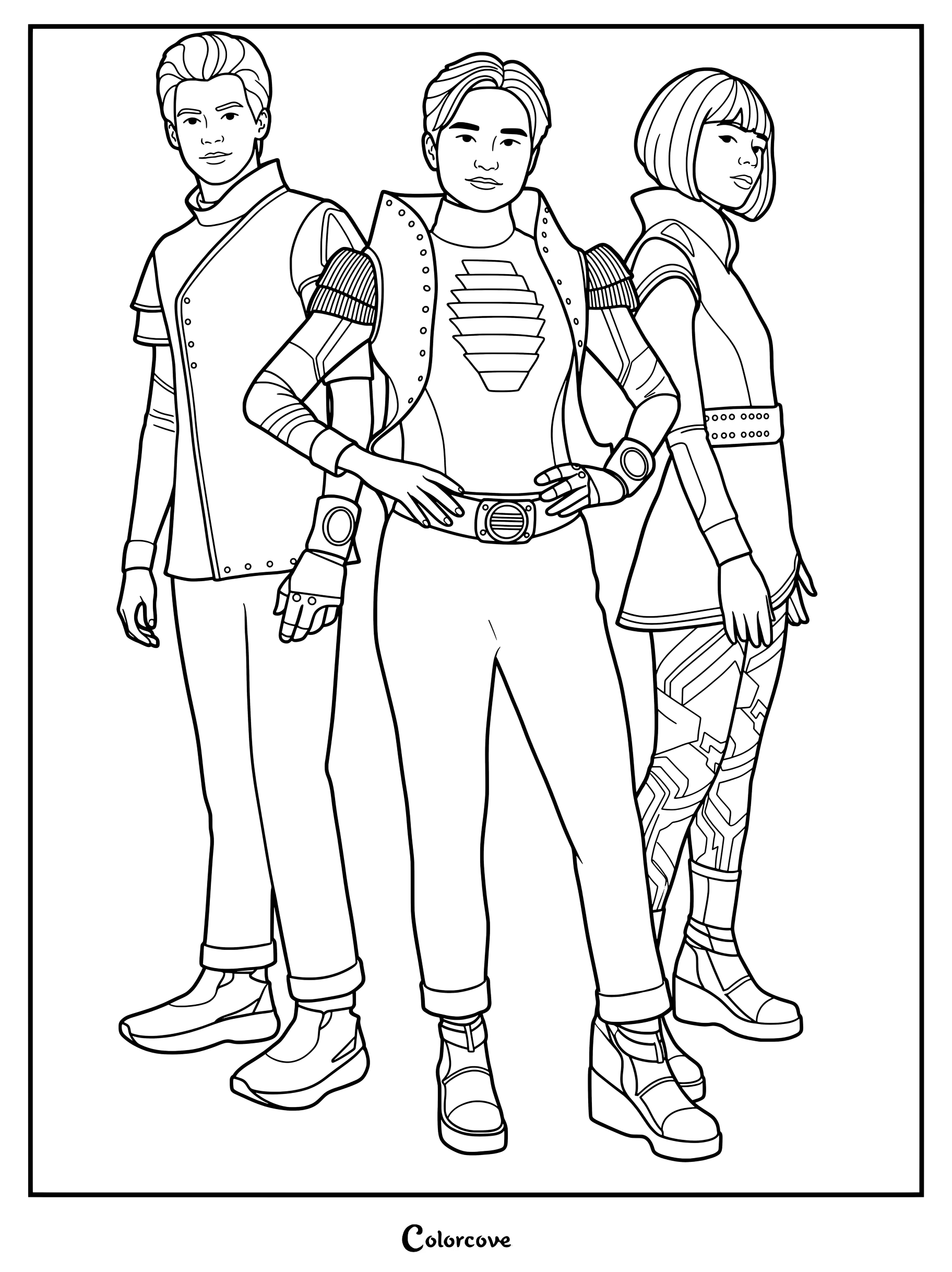 Página para colorear con los personajes alienígenas A-Lan, A-Spen y A-Li en su característico atuendo cósmico azul y plateado de la película de Disney Z-O-M-B-I-E-S 3