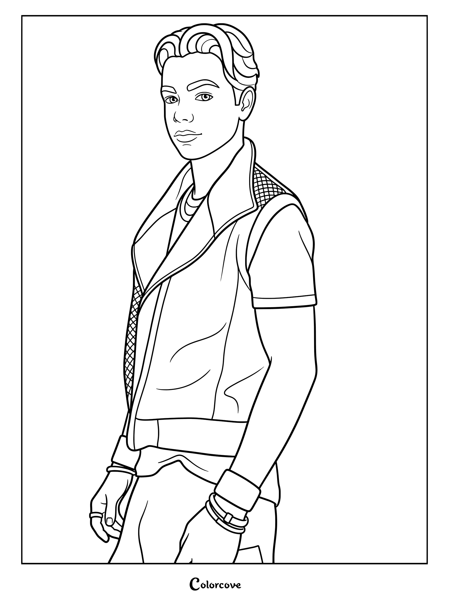 Página para colorear imprimible de Victor posando en una sesión fotográfica promocional de Z-O-M-B-I-E-S 4: El amanecer de los Vampiros