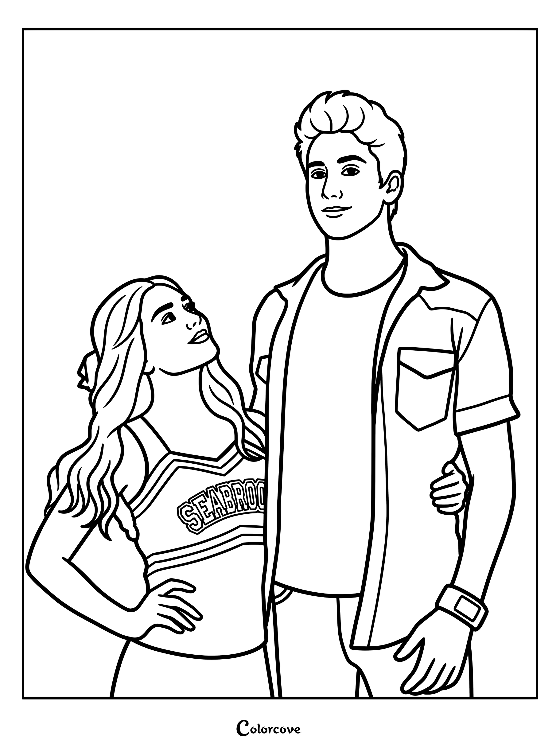 Dibujo para colorear de Addison con su uniforme de animadora de Seabrook mirando con orgullo a Zed con una camisa informal abotonada y su Z-Banda