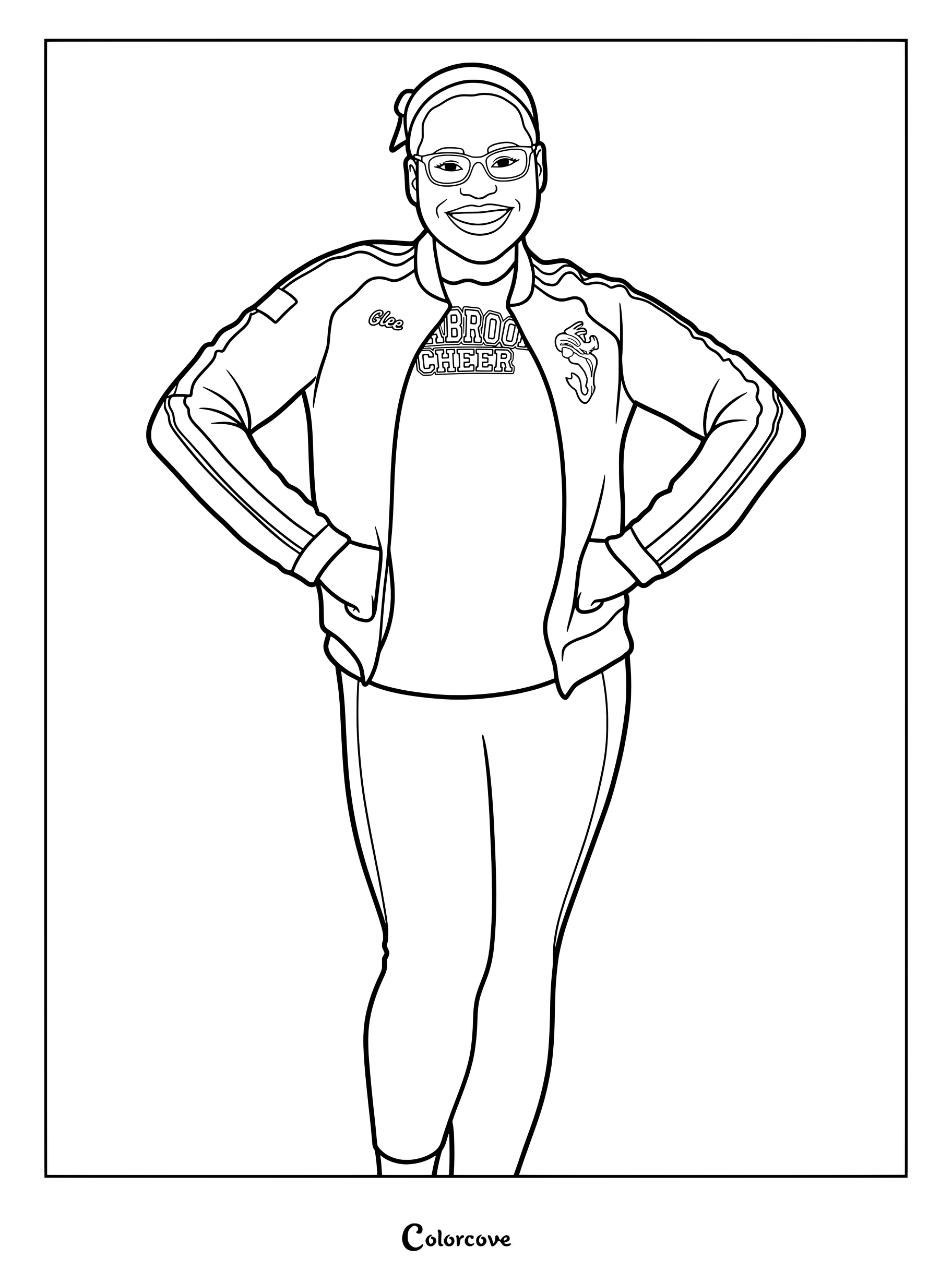 Dibujo para colorear en arte de líneas de Bree luciendo su característica chaqueta de animadora rosa y blanca de Seabrook y mallas rosas a juego de Z-O-M-B-I-E-S