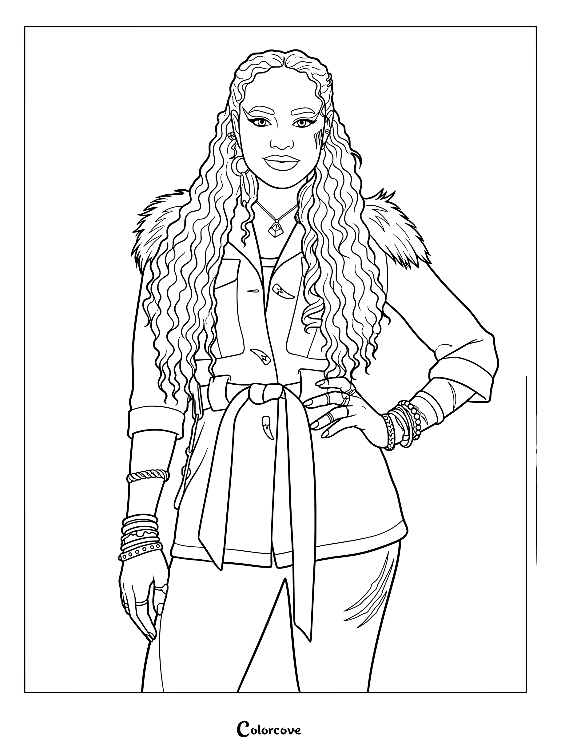Willa Lykensen luciendo una chaqueta utilitaria oscura con cinturón y detalles de piel sintética en el cuello en este dibujo imprimible para colorear
