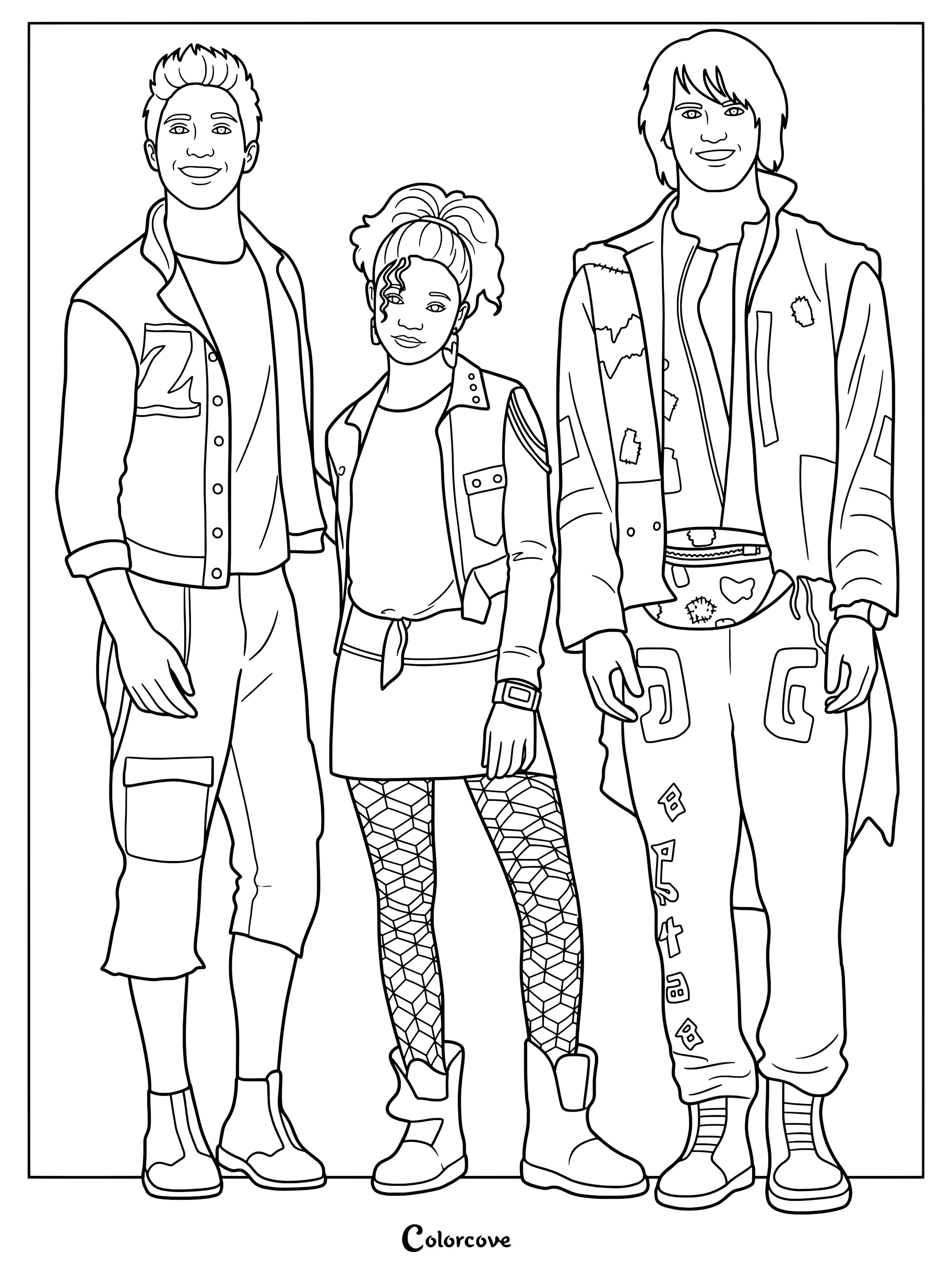 Dibujo imprimible para colorear que muestra a los personajes Zed, Eliza y Bonzo de la película original de Disney Channel Z-O-M-B-I-E-S juntos uno al lado del otro.