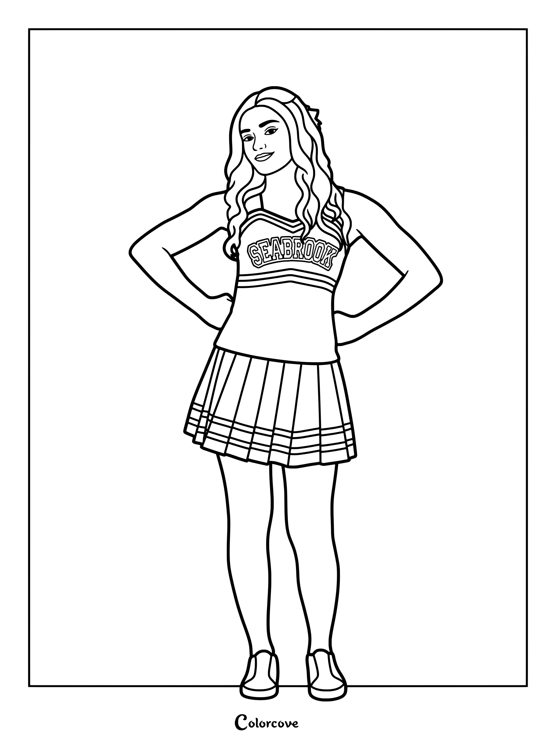 Dibujo para colorear del personaje de Z-O-M-B-I-E-S Addison Wells con su característico uniforme de animadora de Seabrook High en tonos rosa, blanco y verde