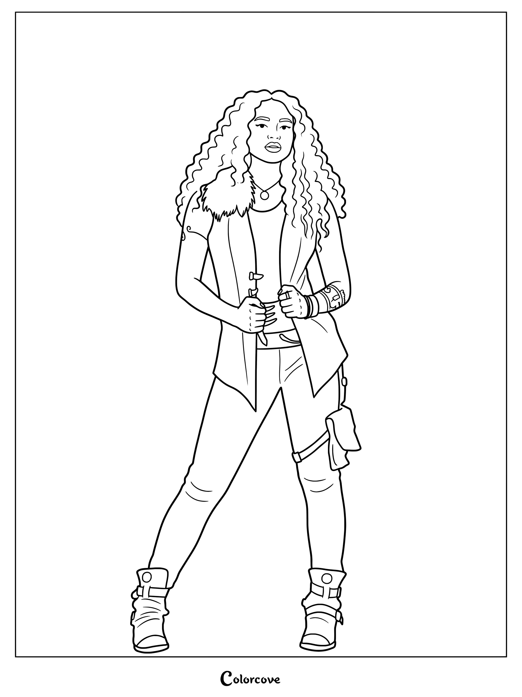 Dibujo para colorear de Willa Lykensen de Z-O-M-B-I-E-S 2 con su característico atuendo inspirado en un hombre lobo, chaleco de piel sintética y pantalones oscuros desgastados