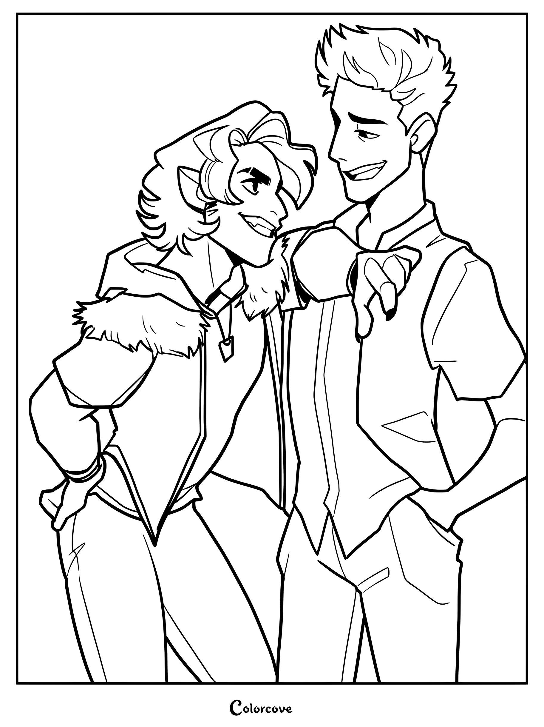 Dibujo para colorear de Wyatt Lykensen y Zed Necrodopolis sonriendo e interactuando en arte de líneas