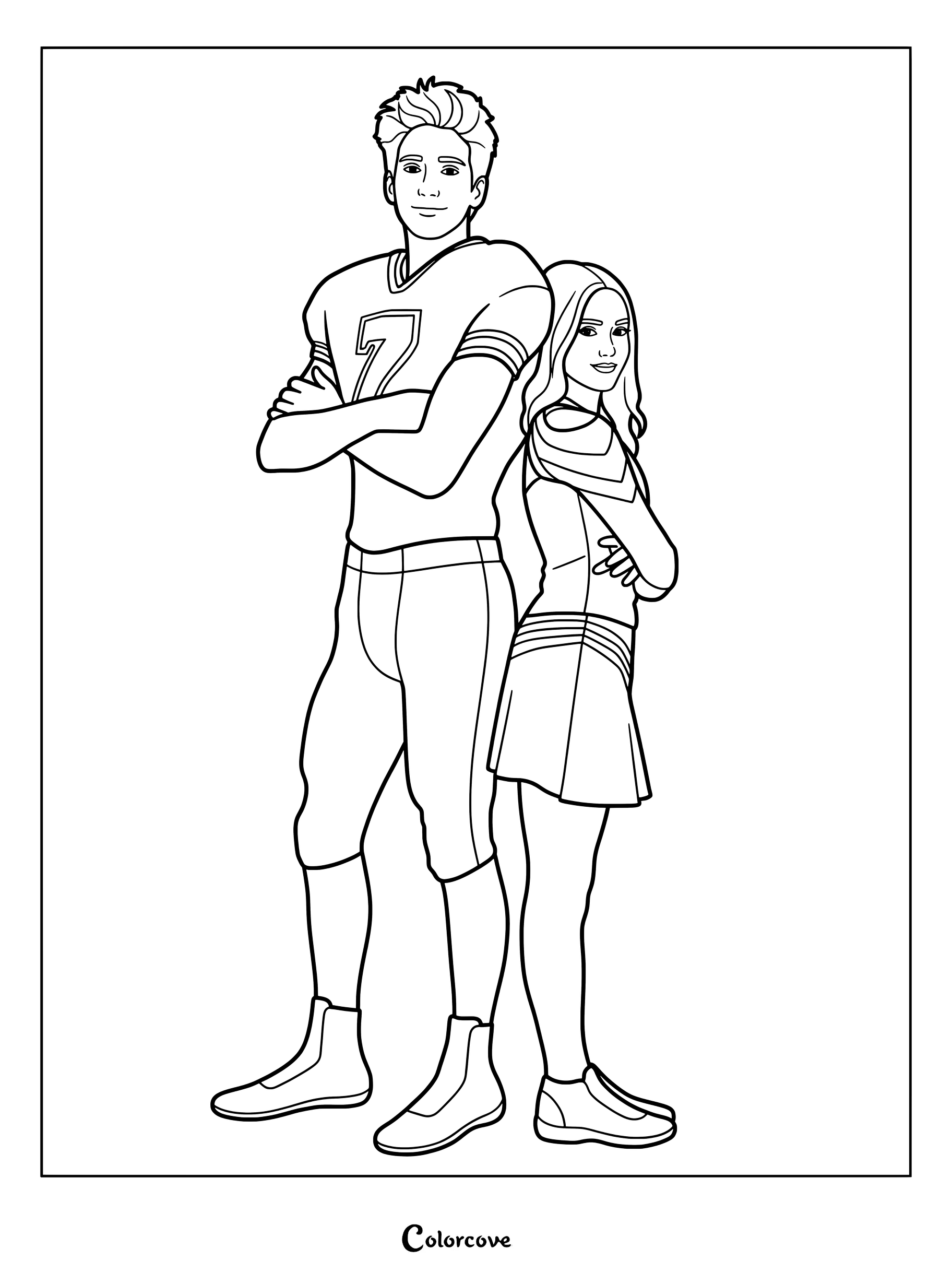 Dibujo para colorear de Zed Necrodopolis con su uniforme de fútbol americano y Addison Wells con su traje de animadora espalda con espalda