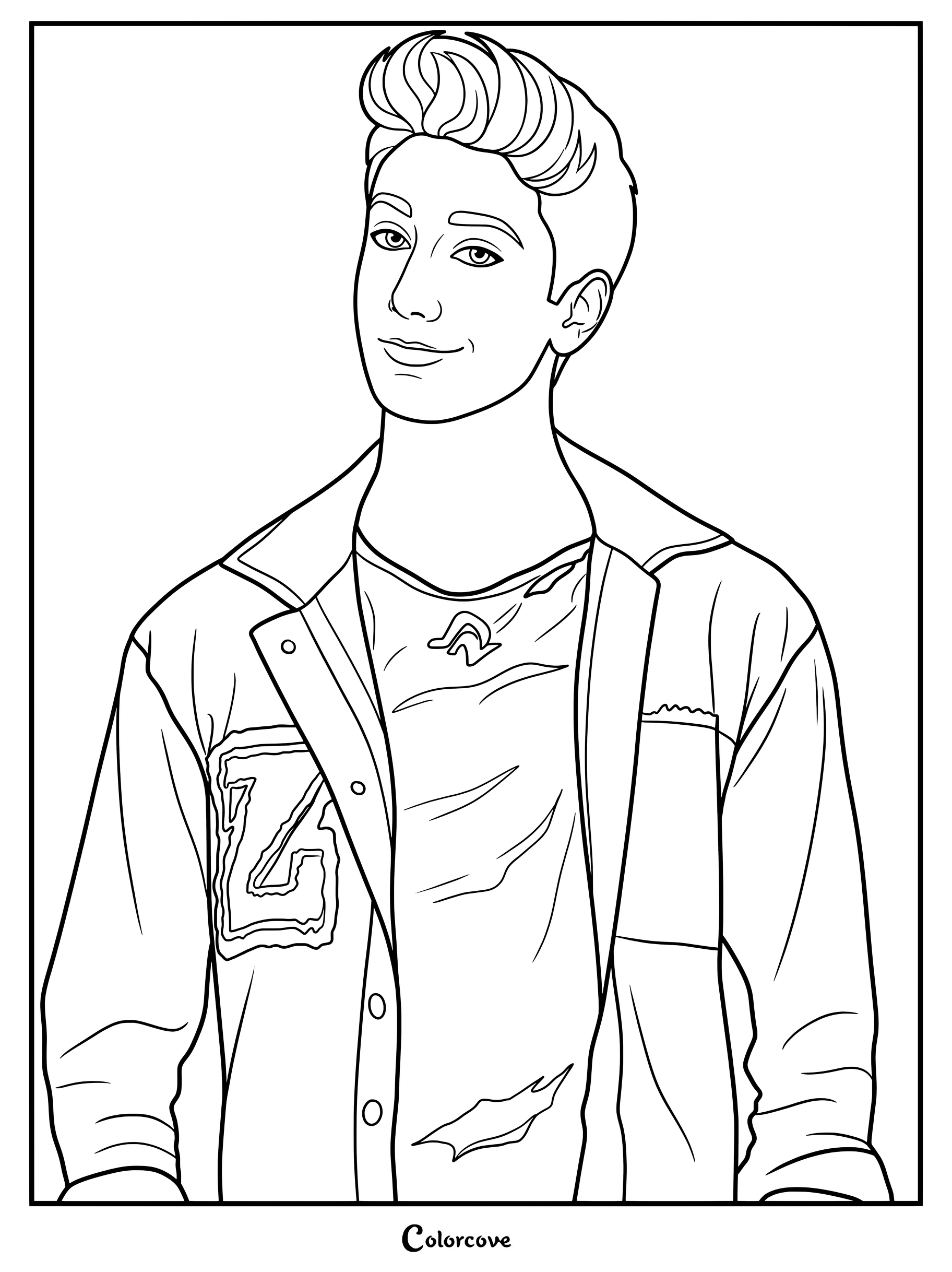 Dibujo para colorear de Zed que muestra a un chico sonriente con cabello puntiagudo y una chaqueta con la letra Z
