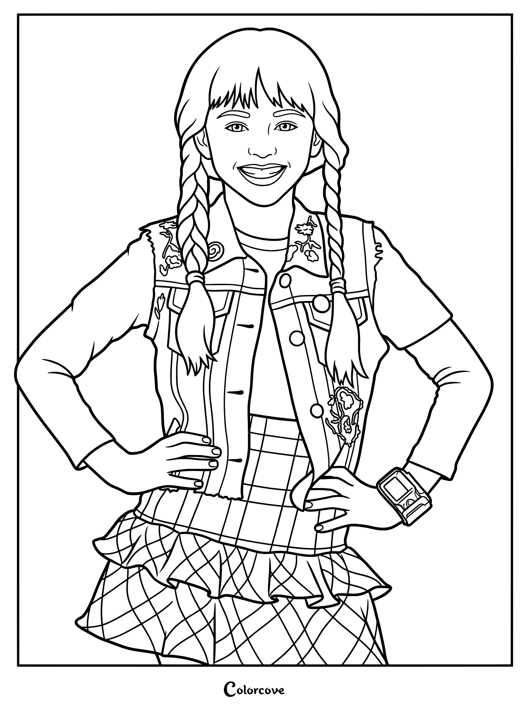 Dibujo para colorear de Zoey de Z-O-M-B-I-E-S con un chaleco de mezclilla y una falda a cuadros