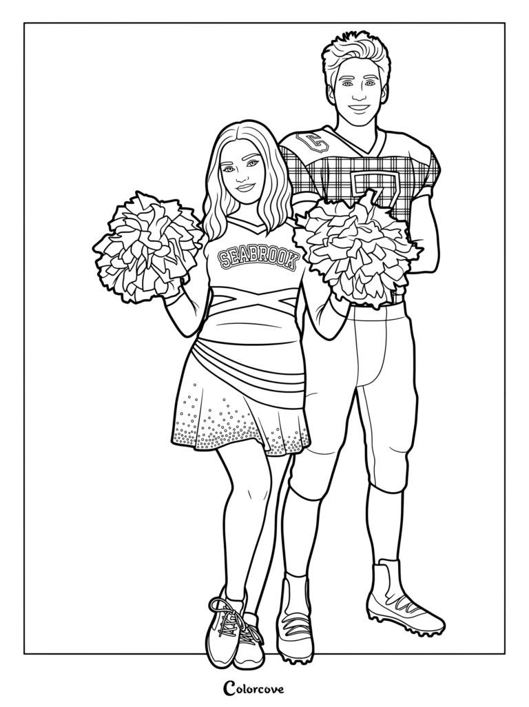 Dibujo para colorear de Addison y Zed con Addison en su uniforme de animadora de Seabrook sosteniendo pompones junto a Zed con su camiseta de fútbol americano.