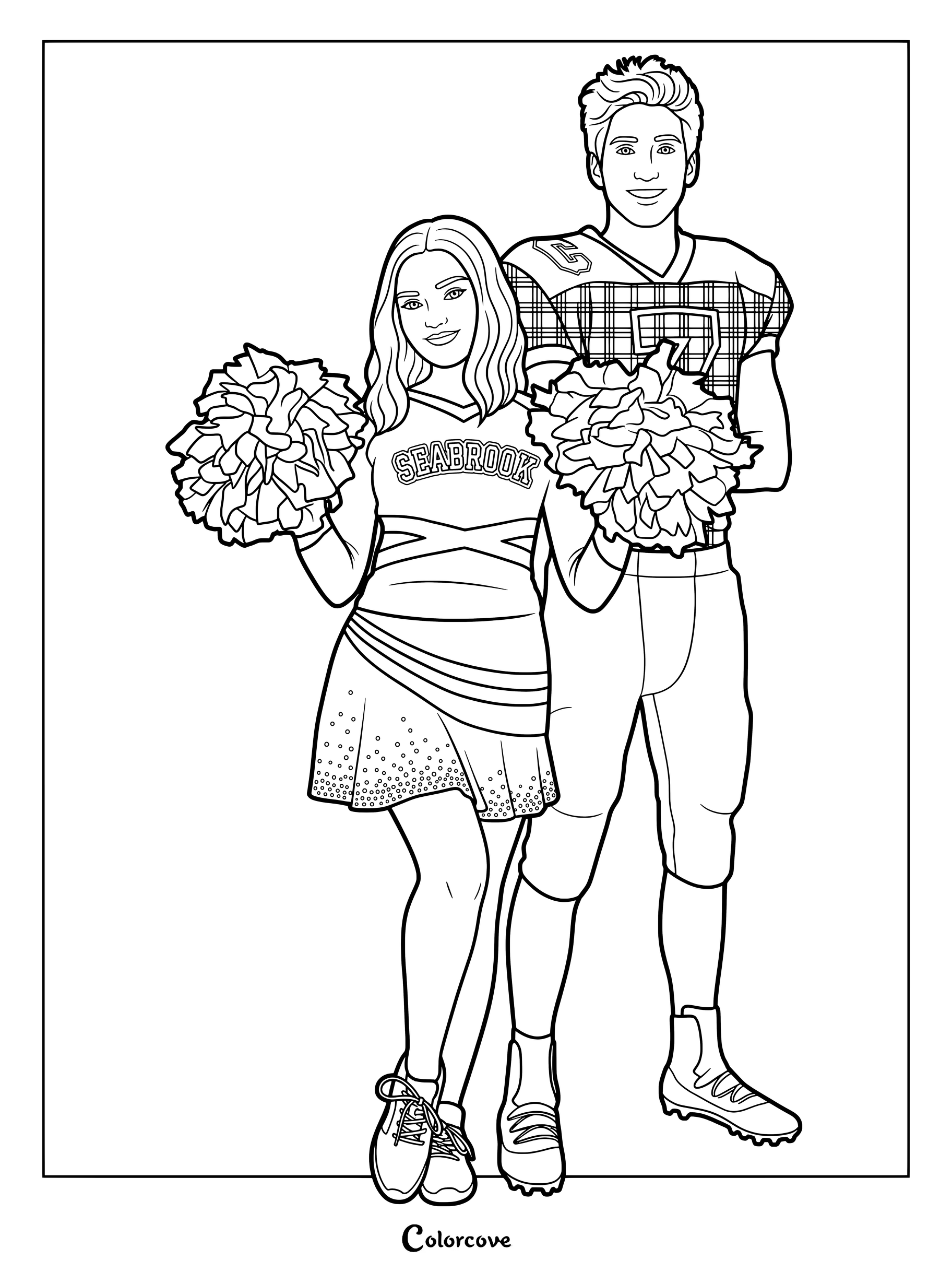 Dibujo para colorear de Addison y Zed con Addison en su uniforme de animadora de Seabrook sosteniendo pompones junto a Zed con su camiseta de fútbol americano.