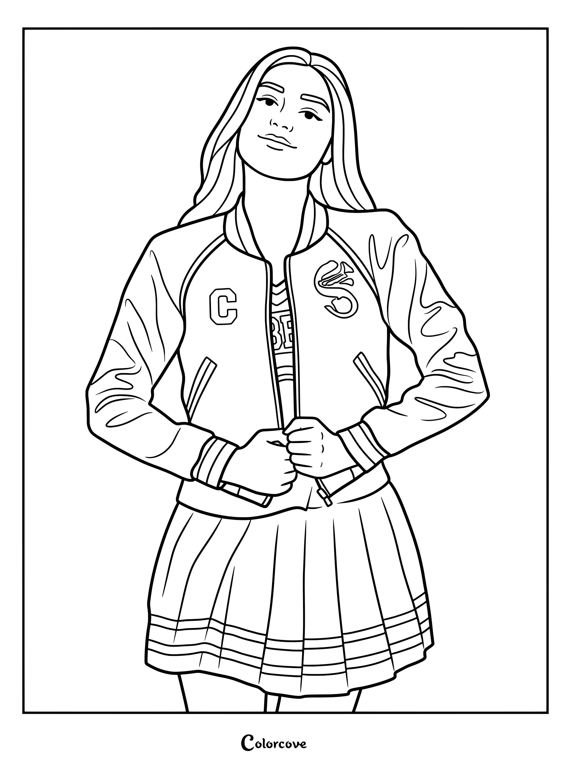 Dibujo para colorear de Addison luciendo su chaqueta y falda de animadora de Seabrook