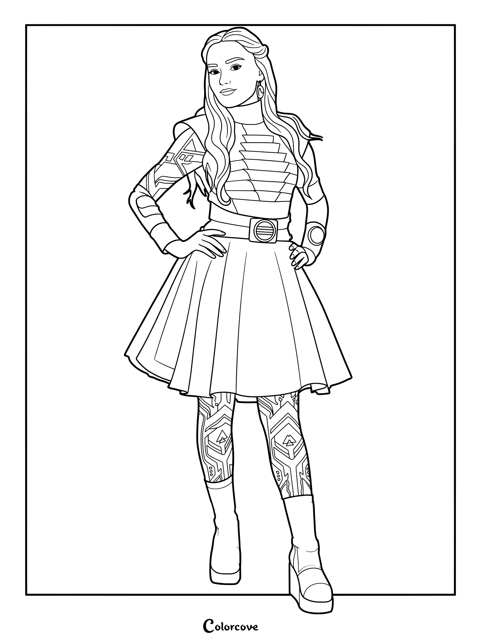Addison Wells luciendo un futurista atuendo alienígena y mallas estampadas en un dibujo imprimible para colorear