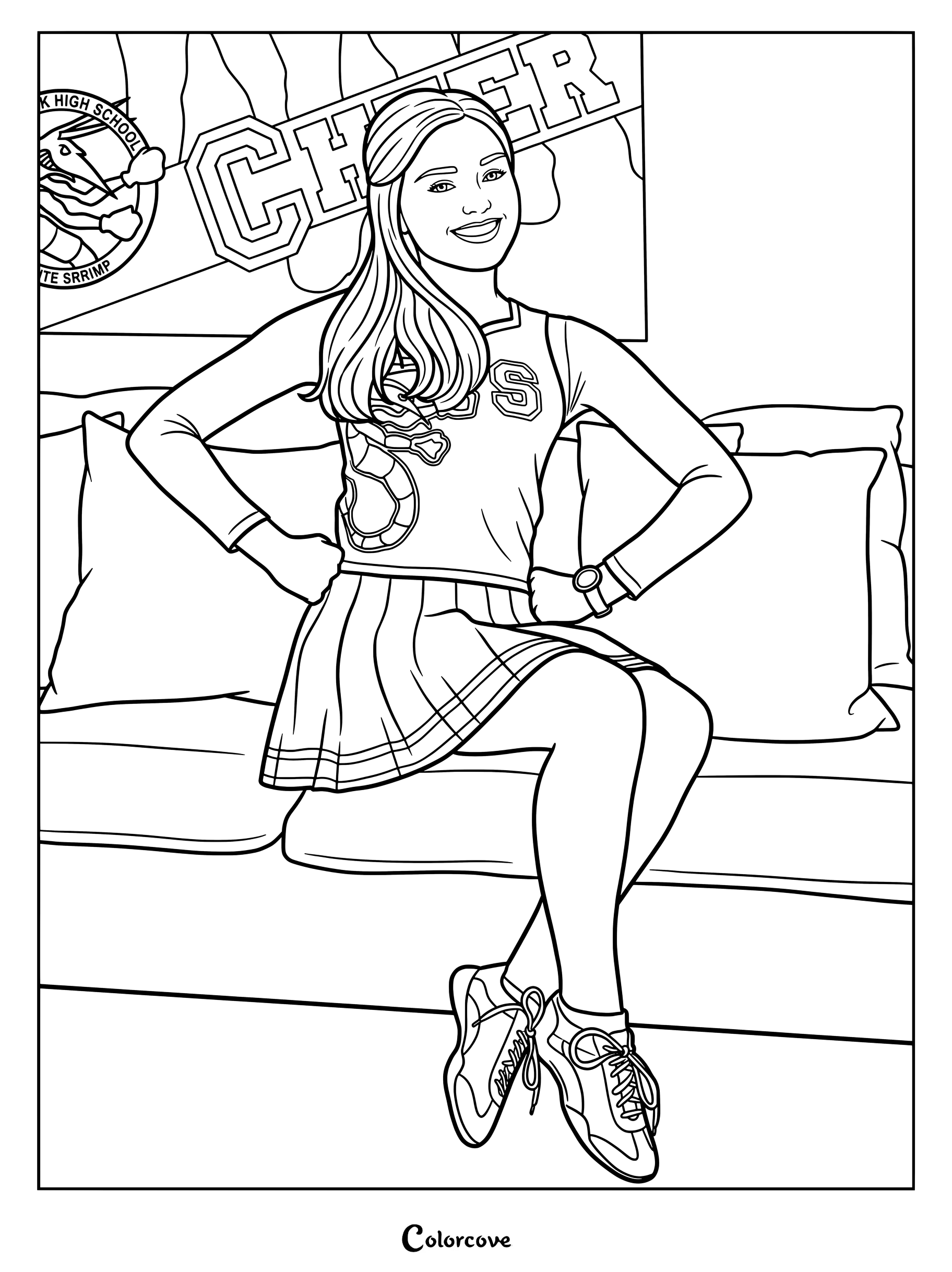 Dibujo para colorear de Addison con el personaje de Z-O-M-B-I-E-S sentada en un sofá con uniforme de animadora