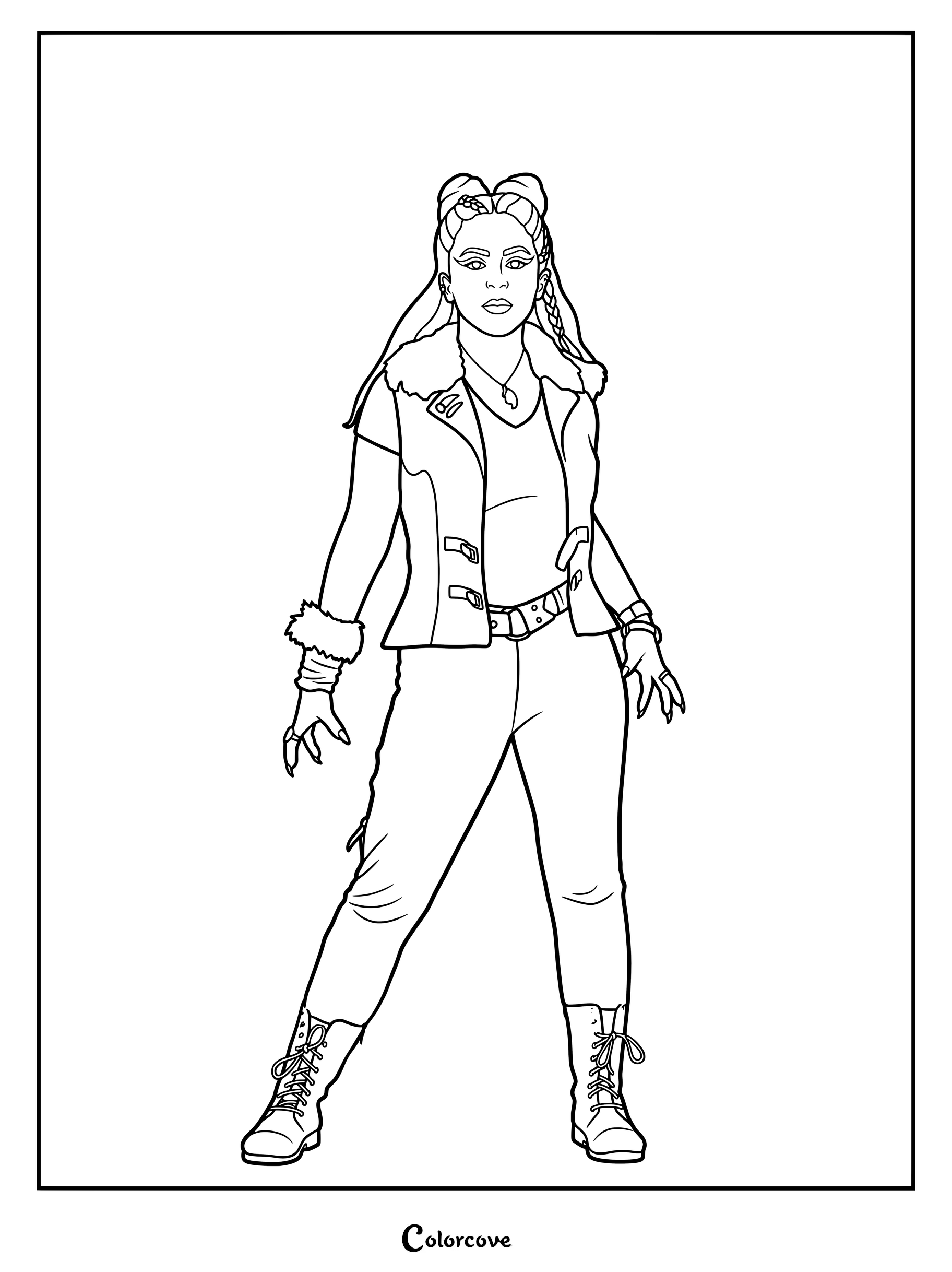Página para colorear imprimible de Wynter de Z-O-M-B-I-E-S luciendo un chaleco de piel y botas de combate