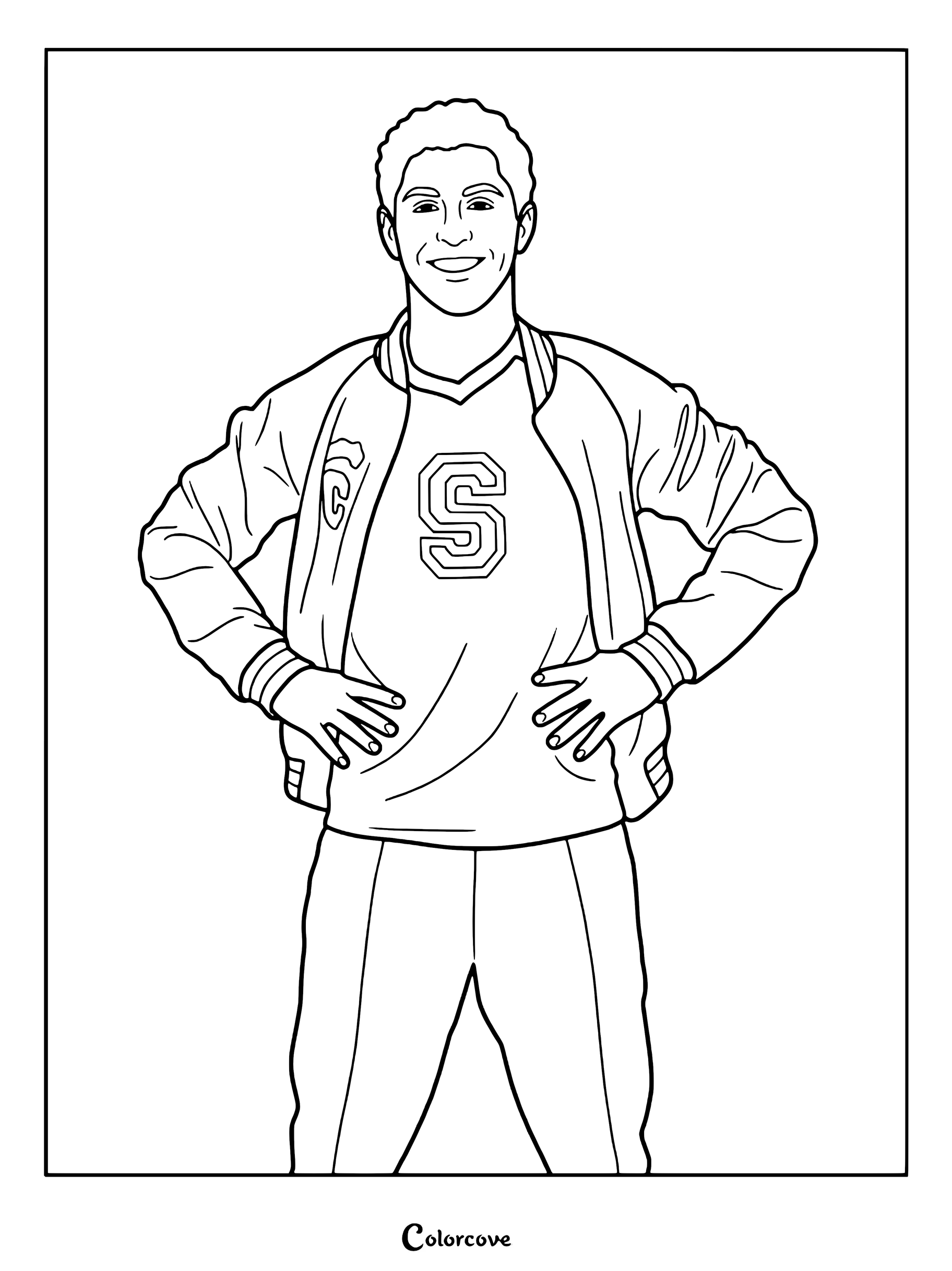 Dibujo imprimible para colorear de Bucky Buchanan con su chaqueta universitaria de Seabrook High y las manos en las caderas.