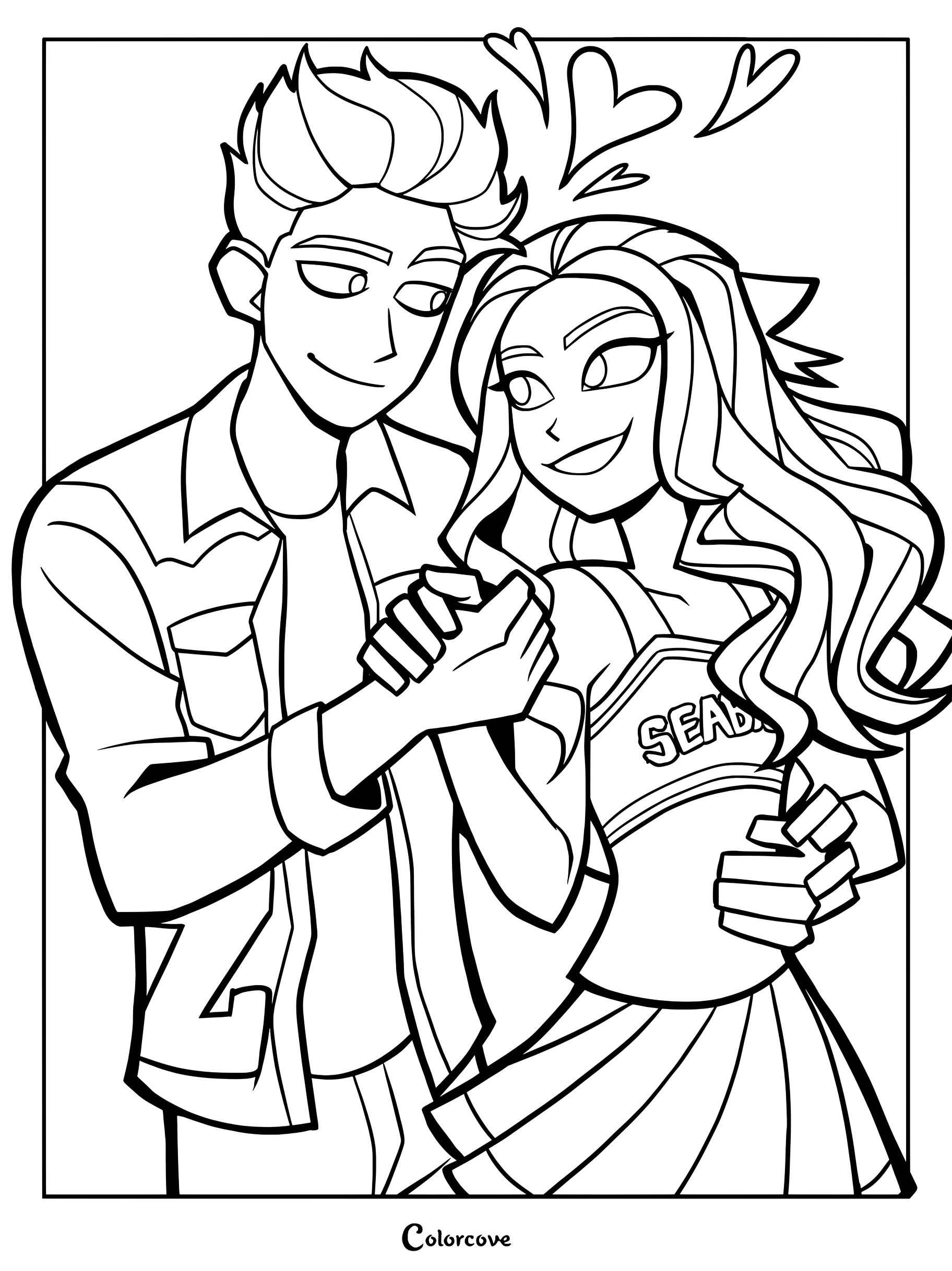 Dibujo para colorear de fan art de Zed Necrodopolis con su chaqueta de fútbol americano zombi de Seabrook y Addison Wells con su uniforme de animadora de Z-O-M-B-I-E-S.