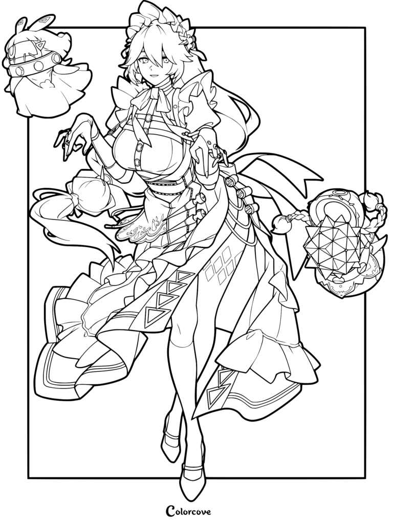 Alexandrina Sebastiane from Zenless Zone Zero in a maid outfit with a floating Bangboo, detailed line art coloring page.