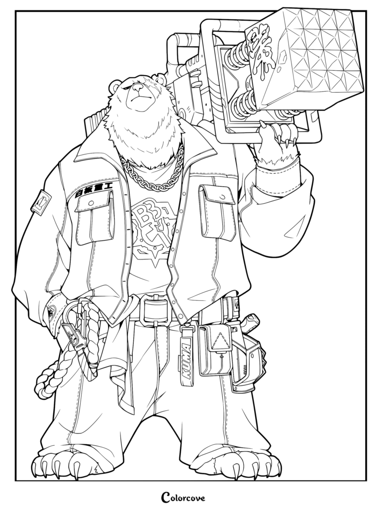 Ben Bigger from Zenless Zone Zero holding a large industrial pillar weapon, wearing a jacket and chain, detailed line art coloring page.