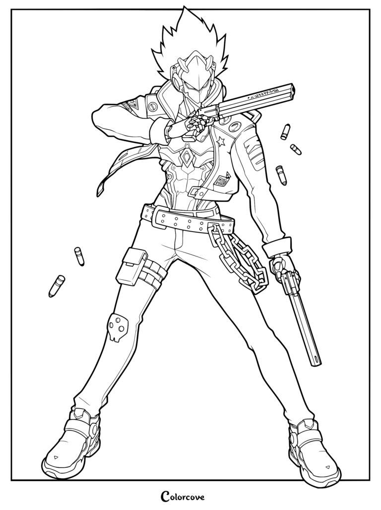 Billy Kid from Zenless Zone Zero holding dual pistols with ejected bullet casings in this detailed line art coloring page.
