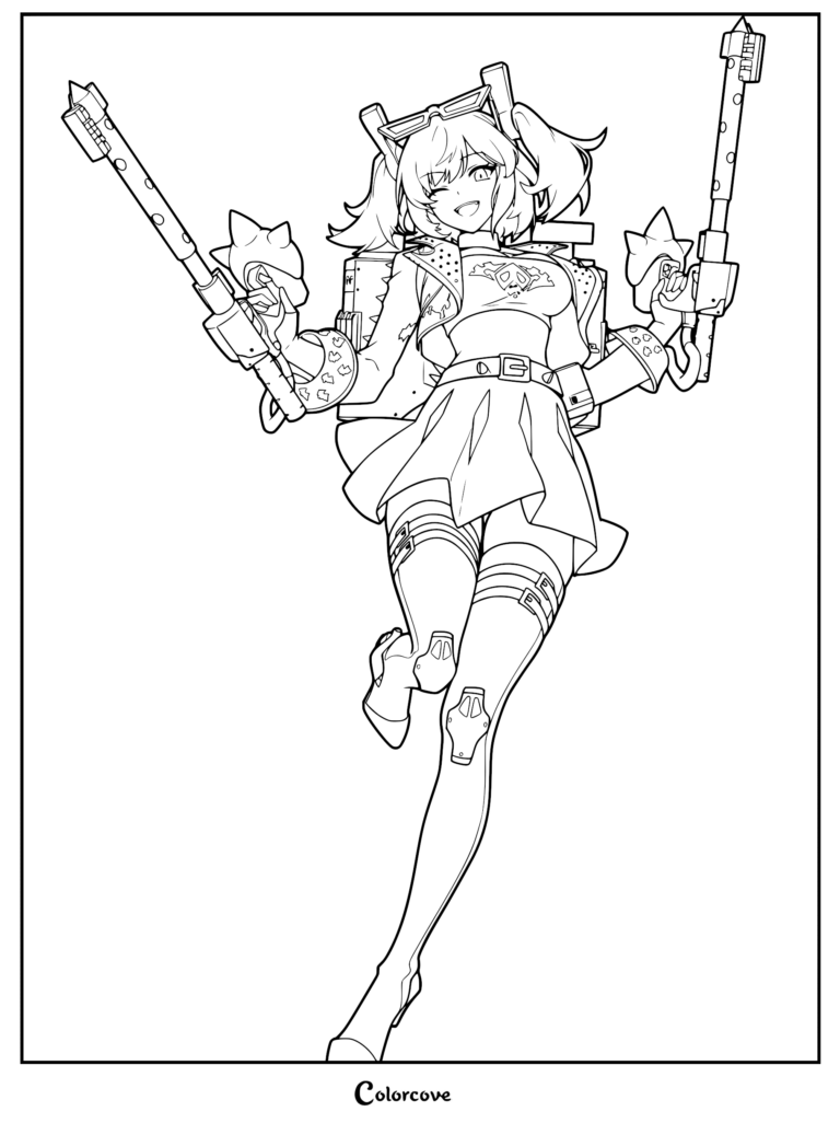 Burnice White from Zenless Zone Zero holding dual flamethrowers in a dynamic pose, detailed line art coloring page.
