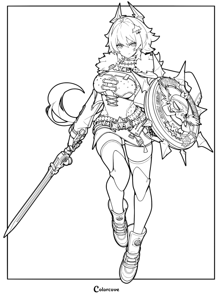Caesar King from Zenless Zone Zero holding a sword and spiked shield in a detailed line art coloring page.