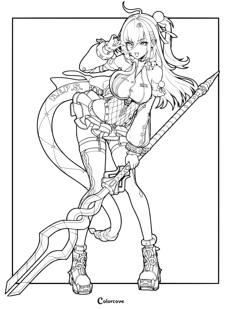 Cissia from Zenless Zone Zero holding a large spear weapon in a detailed line art coloring page.