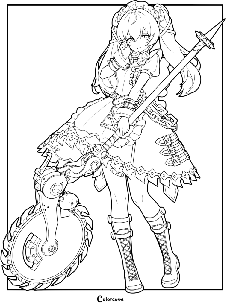 Corin Wickes from Zenless Zone Zero holding her signature giant circular saw weapon in a detailed line art coloring page.