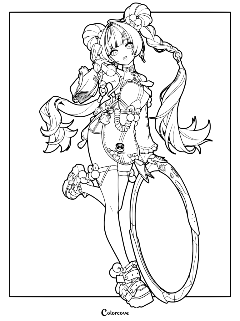 A detailed line art coloring page of Dialyn from Zenless Zone Zero, featuring her signature twin braids, stylish outfit, and large circular prop.