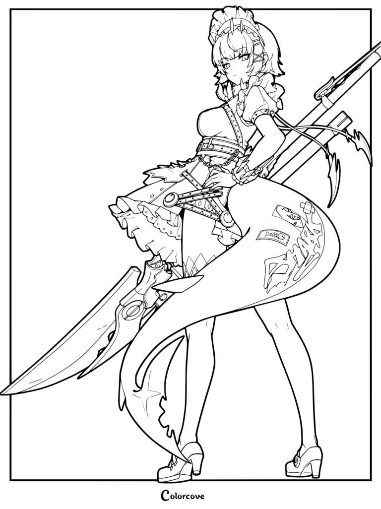 Ellen Joe from Zenless Zone Zero holding her giant shark-themed weapon in a maid outfit, detailed line art coloring page.