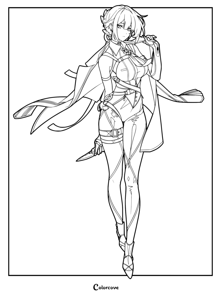 Evelyn Chevalier from Zenless Zone Zero standing in a tactical outfit with a blade in this detailed line art coloring page.
