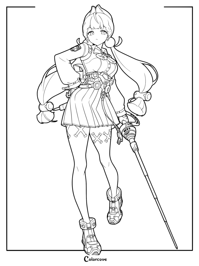 Alice Thymefield from Zenless Zone Zero standing in a tactical uniform with a long staff weapon in this detailed line art coloring page.